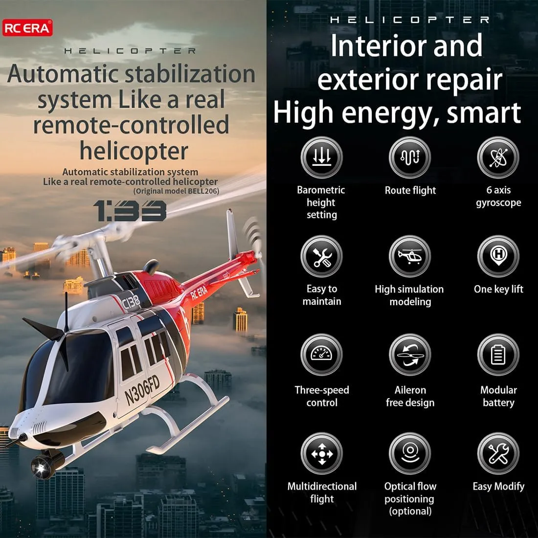 RC ERA C138 1/33 Scale No Aileron 206 Helicopter, 2.4G 6CH, Remote Control Helicopter with Optical Flow Positioning and Altitude Hold, Gifts for Beginners (RTF Version/Blue & White)