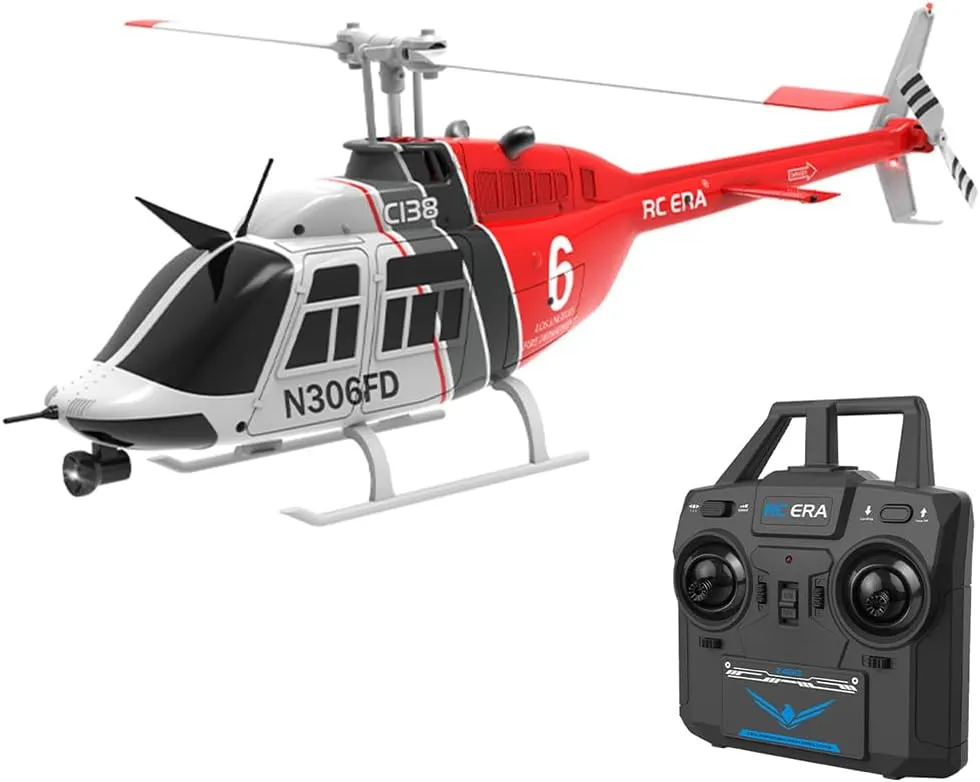 RC Helicopter C138 Bell 206 1:33 Scale – 2.4G 6CH Single Rotor with Optical Flow Positioning, Altitude Hold, Modular Battery, Realistic Model for Adults Red Black White