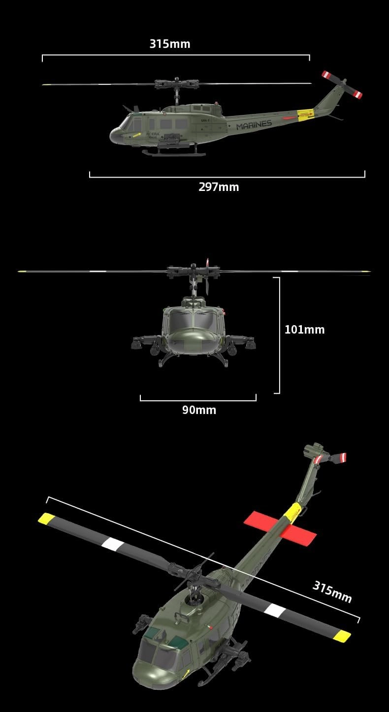 RC ERA C032 UH-1 Huey 6CH Helicopter for Adults, 1/48 Scale RC Helicopter Brushless with 6-Axis Gyroscope Stabilization, with Altitude Hold & 3D Inverted Flight, 3 Battery