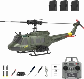 RC ERA C032 UH-1 Huey 6CH Helicopter for Adults, 1/48 Scale RC Helicopter Brushless with 6-Axis Gyroscope Stabilization, with Altitude Hold & 3D Inverted Flight, 3 Battery