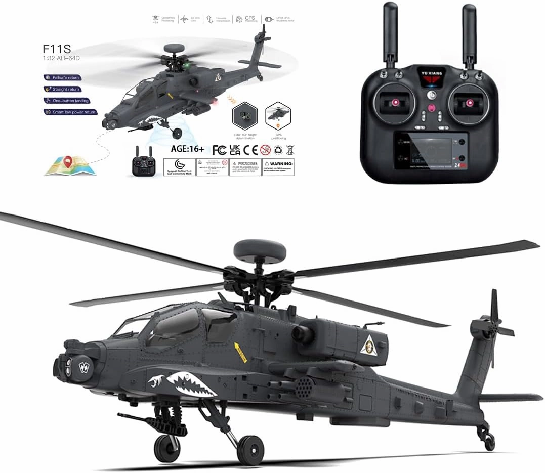 RC Helicopter for Adults, F11-S AH64 1/32 Scale 2.4G 6CH RC Flybarless 6G/3D Stunt Apache Helicopter Model, Indoor Aircraft Flying Toy for Beginner - (RTF GPS Smart Version)