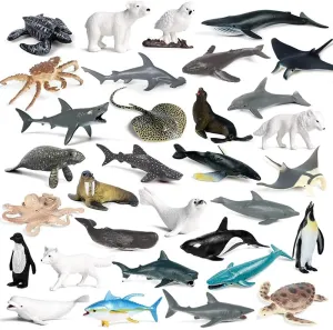 RCOMG 32pcs Mini Ocean Animal Figures, Realistic Sea Creatures Toys Set with Sharks Whales Arctic Animals Figurines for Kids Gift