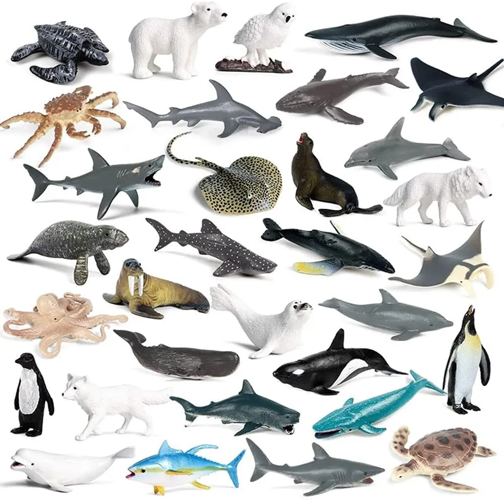 RCOMG 32pcs Mini Ocean Animal Figures, Realistic Sea Creatures Toys Set with Sharks Whales Arctic Animals Figurines for Kids Gift