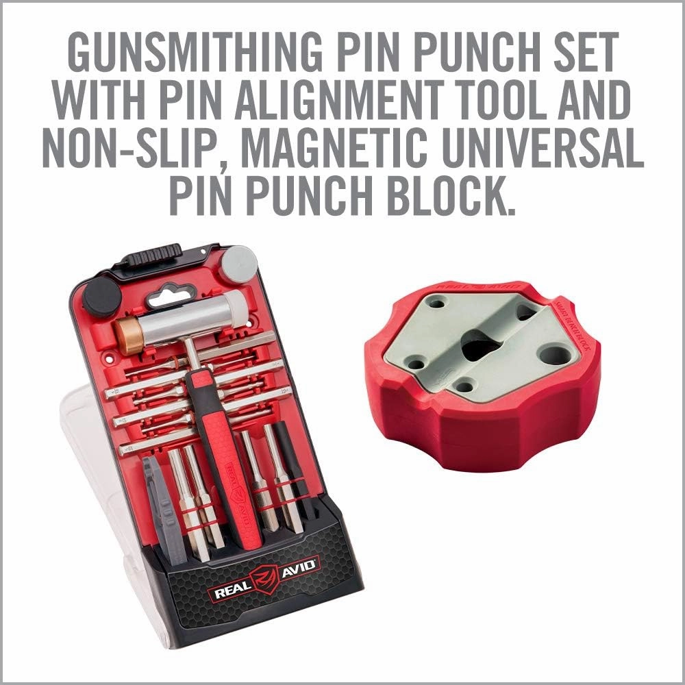 Real Avid Pin Punch Set & Hammer   Non-Slip Magnetic Bench Block | 10 Standard Nickel-Plated Steel Pin Punches, 4 Interchangeable Hammer Heads - Brass, Steel, Rubber, Nylon & Non-Marring Bench Block
