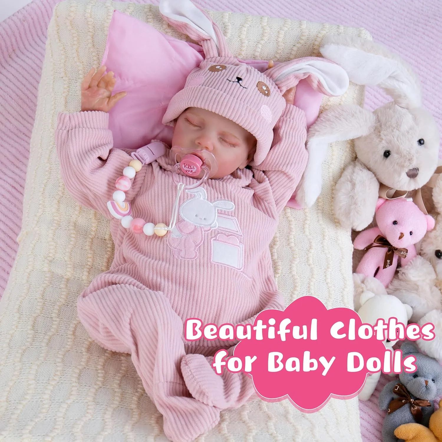 Reborn Baby Dolls Clothes Girl Pink Rabbit Friend Fashion Doll Clothes 17-22 Inches Newborn Outfits Accessories for Real Life Baby Dolls Girl