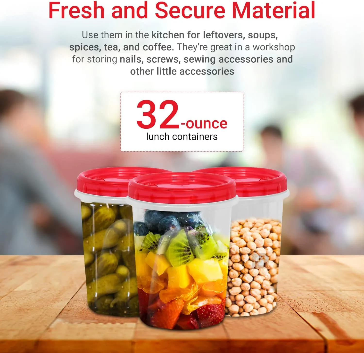[Red - 12 Pk] Airtight Deli Containers with Lids Twist Lock Top Clear Food Storage for Meal Prep Snacks and Leftovers Freezer and Microwave Safe Stackable Leak-Resistant and 12 Pc. Set (32 Ounce)