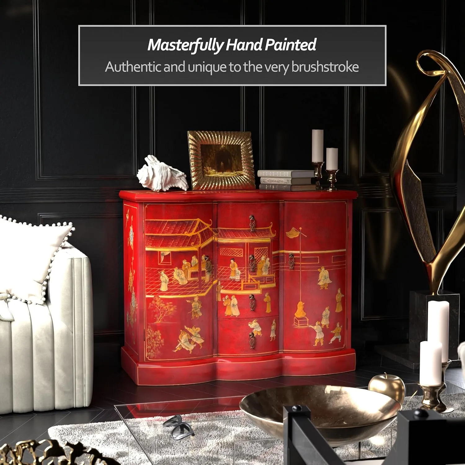 Red Lantern Artisan Crafted Red Lacquer Cabinet - Courtyard