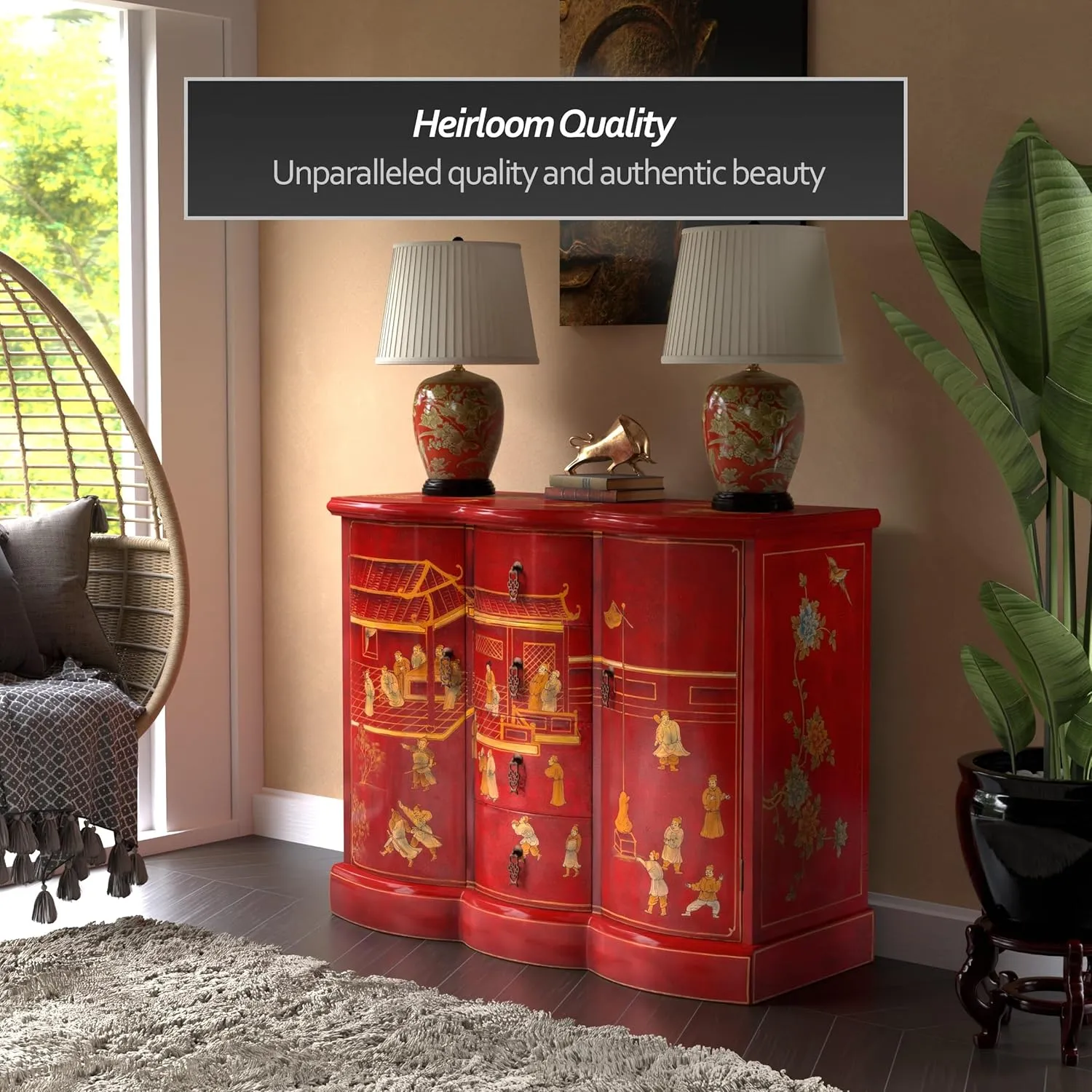 Red Lantern Artisan Crafted Red Lacquer Cabinet - Courtyard