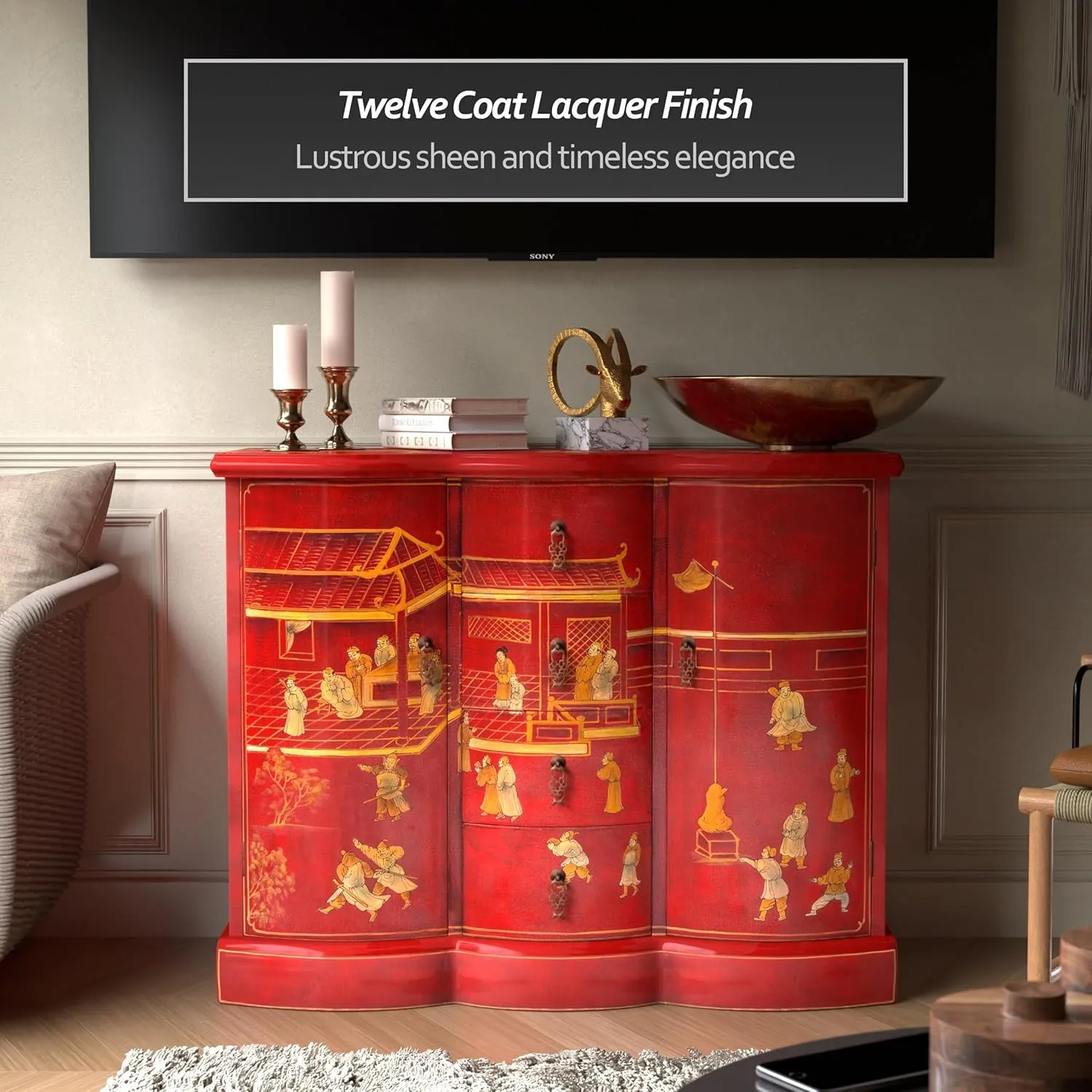 Red Lantern Artisan Crafted Red Lacquer Cabinet - Courtyard