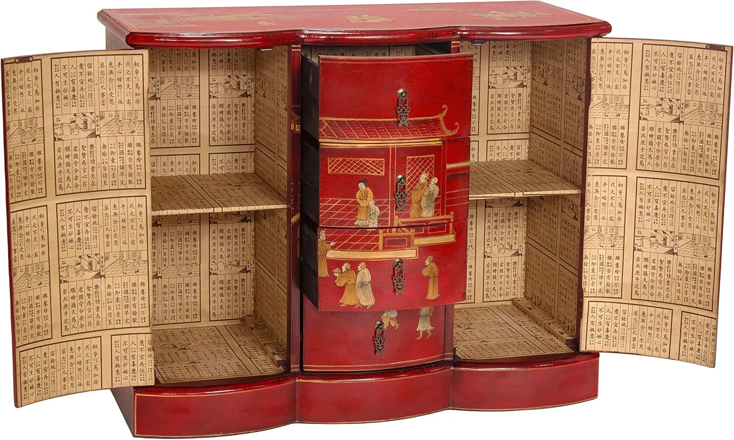 Red Lantern Artisan Crafted Red Lacquer Cabinet - Courtyard