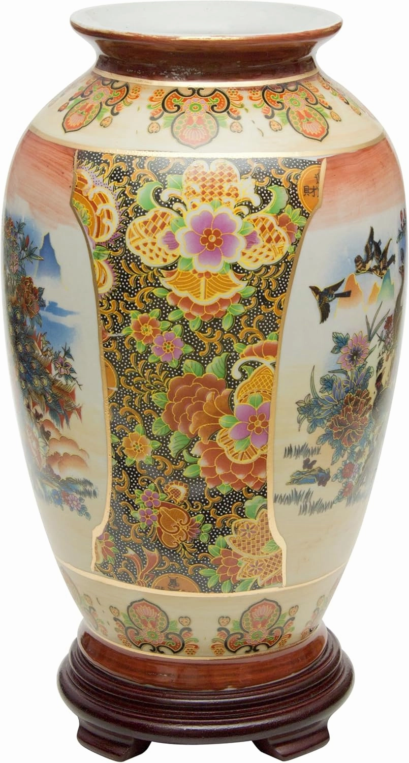 Red Lantern 14" Satsuma Peacock Porcelain Tung Chi Vase, Multicolor