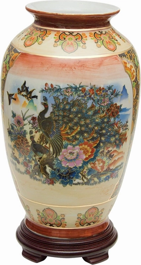 Red Lantern 14" Satsuma Peacock Porcelain Tung Chi Vase, Multicolor