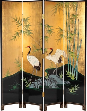 Red Lantern Artisan Crafted 6 ft. Tall Gold Lacquer Room Divider - Cranes in Bamboo
