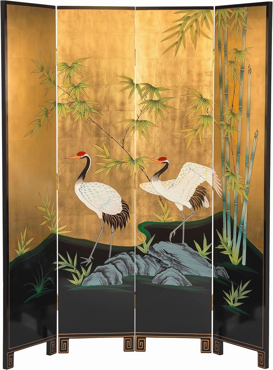 Red Lantern Artisan Crafted 6 ft. Tall Gold Lacquer Room Divider - Cranes in Bamboo