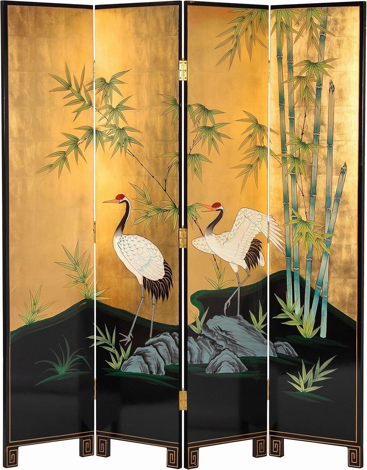 Red Lantern Artisan Crafted 6 ft. Tall Gold Lacquer Room Divider - Cranes in Bamboo