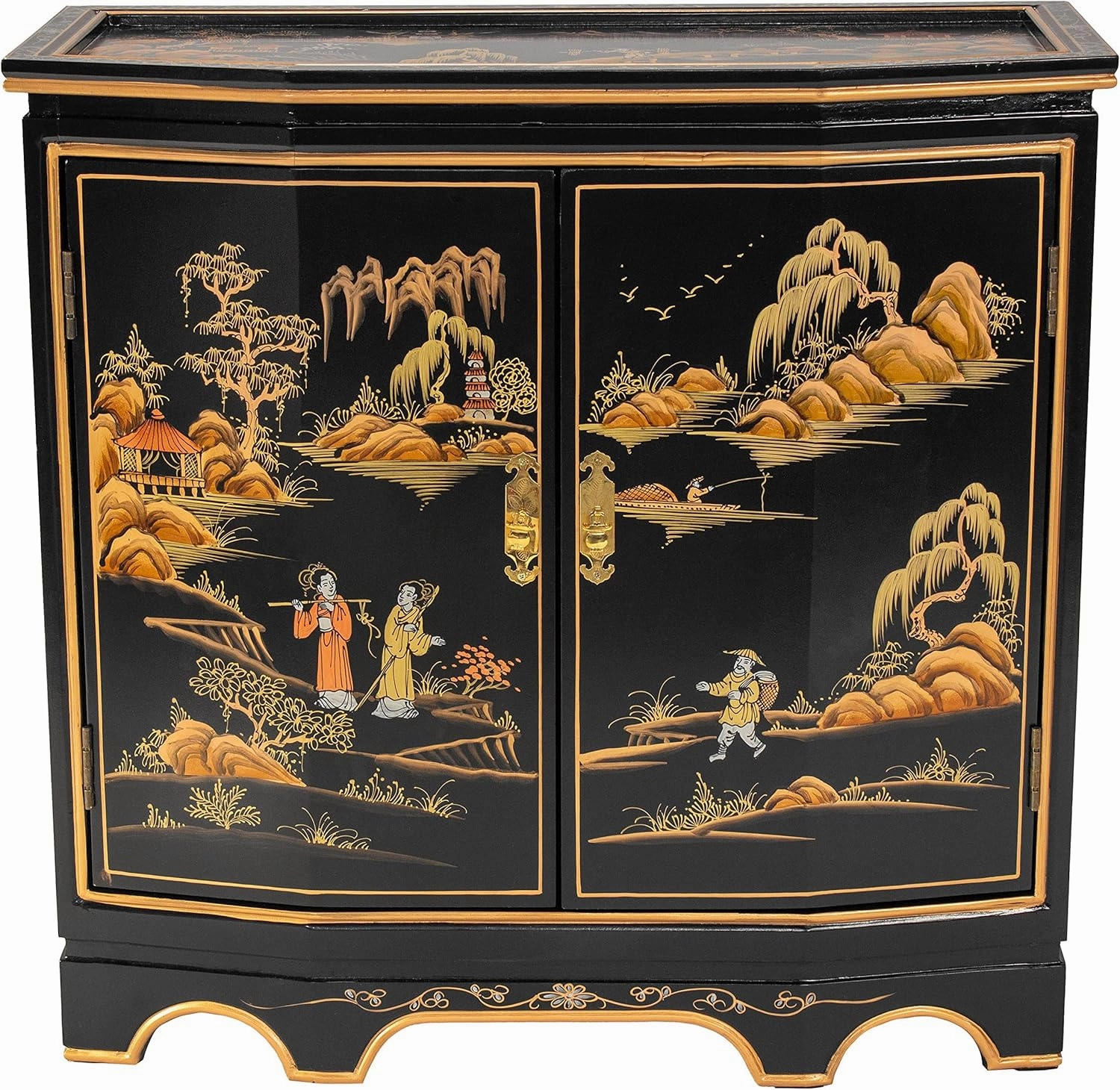 Red Lantern Artisan Crafted Black Lacquer Slant Sideboard - Landscape