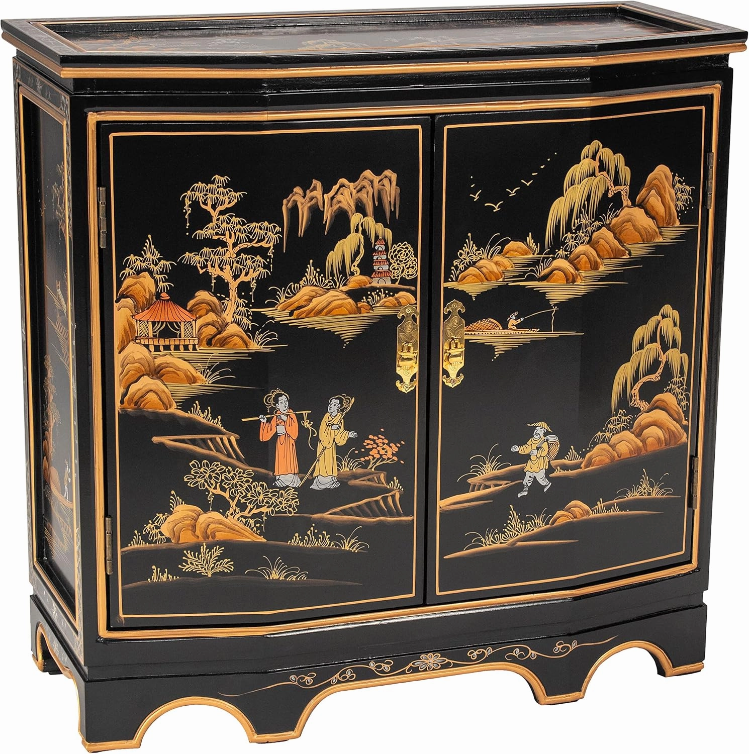 Red Lantern Artisan Crafted Black Lacquer Slant Sideboard - Landscape