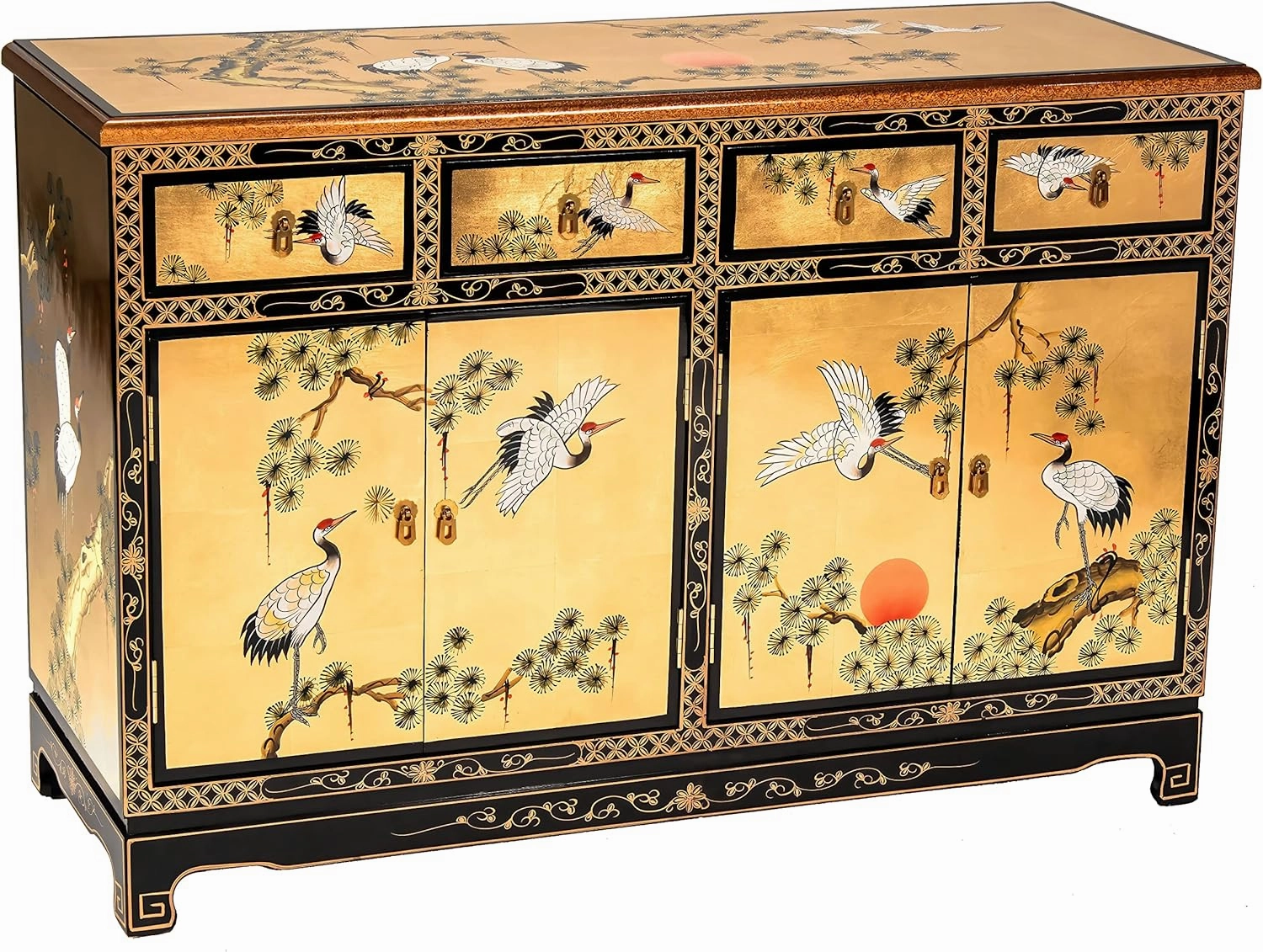 Red Lantern Artisan Crafted Gold Lacquer Sideboard - Cranes