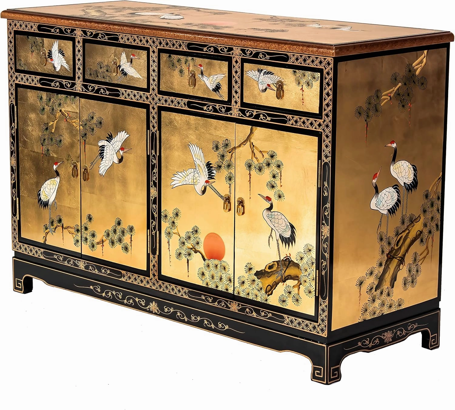 Red Lantern Artisan Crafted Gold Lacquer Sideboard - Cranes