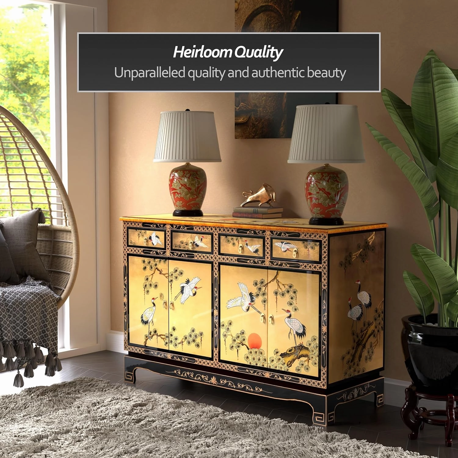 Red Lantern Artisan Crafted Gold Lacquer Sideboard - Cranes