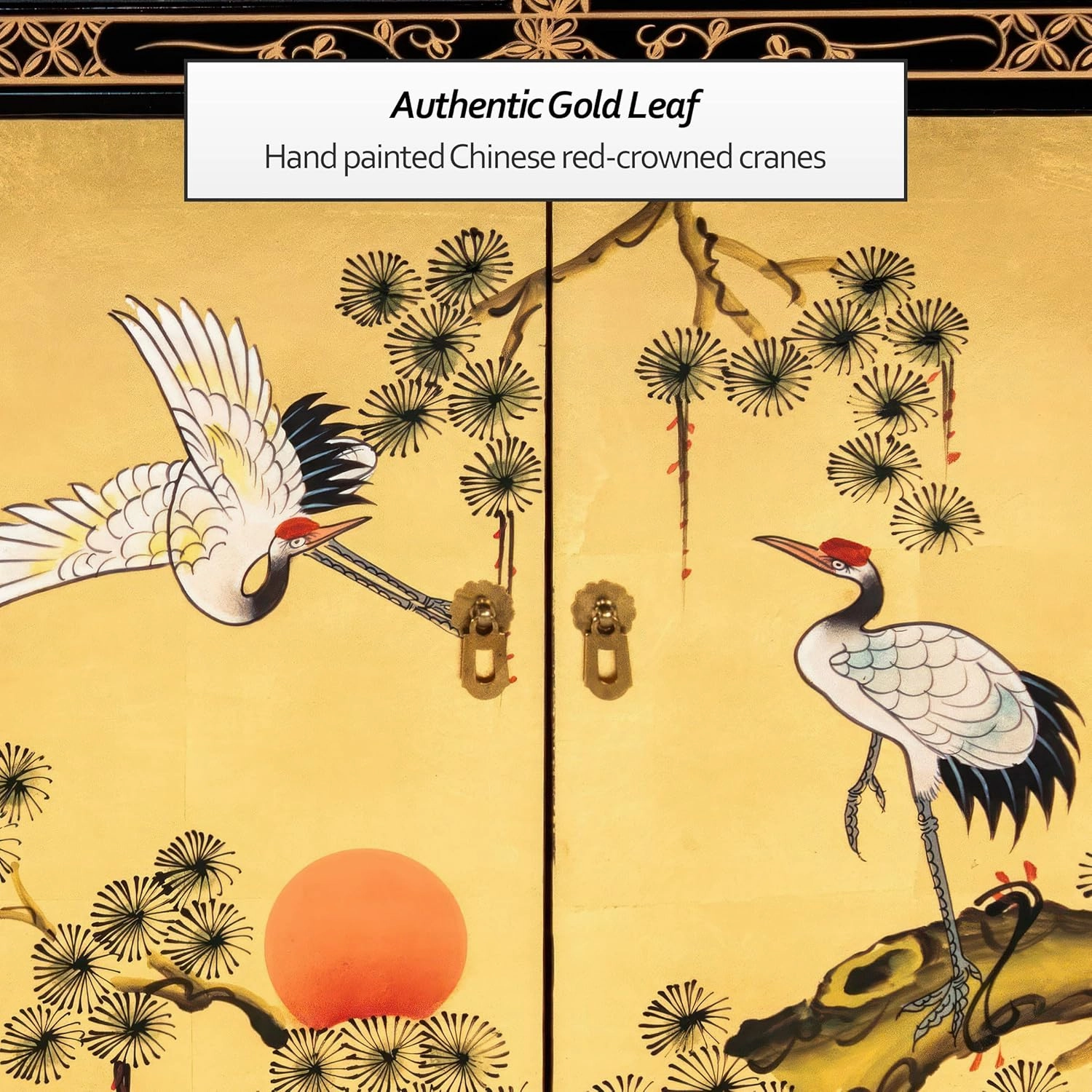 Red Lantern Artisan Crafted Gold Lacquer Sideboard - Cranes