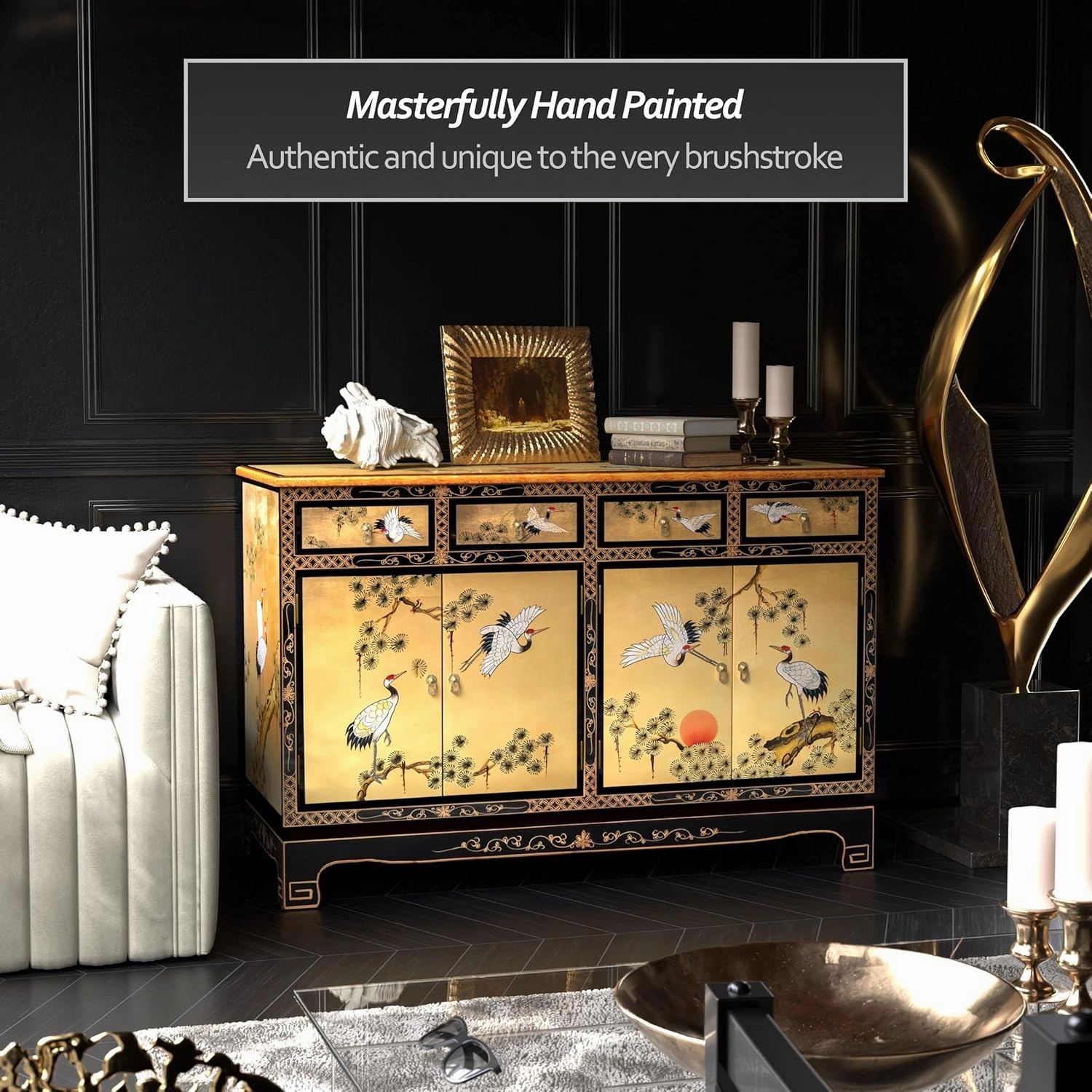 Red Lantern Artisan Crafted Gold Lacquer Sideboard - Cranes