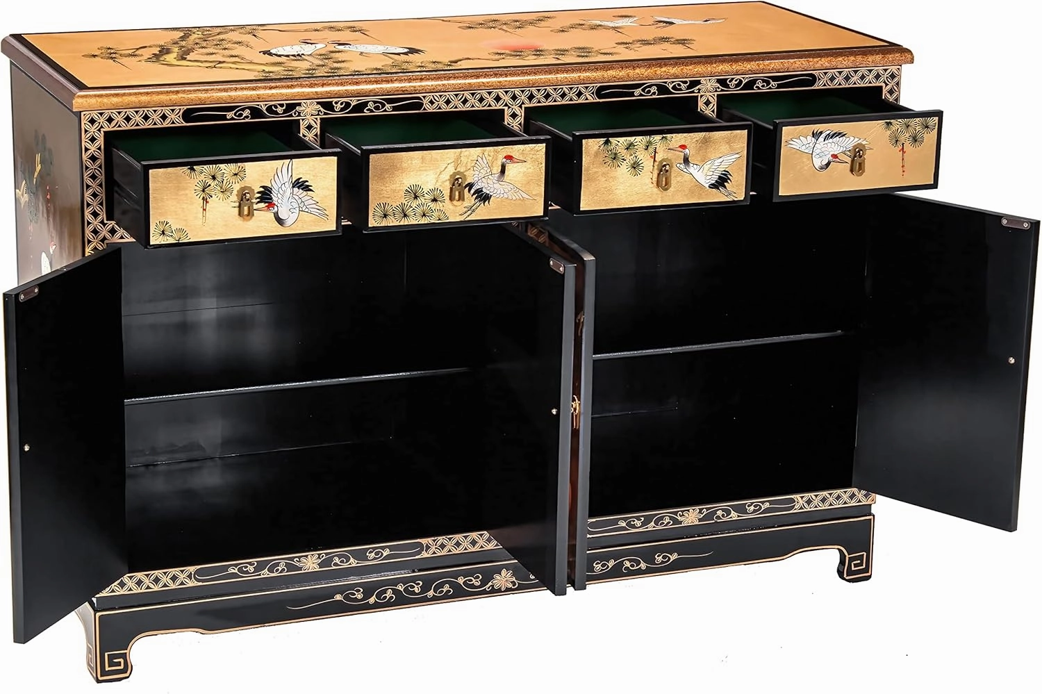 Red Lantern Artisan Crafted Gold Lacquer Sideboard - Cranes
