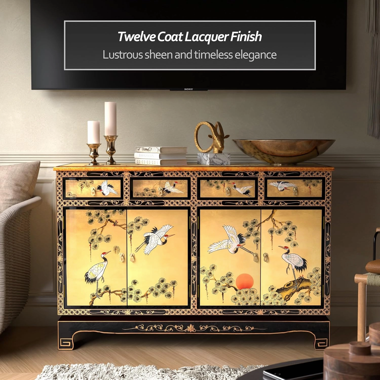 Red Lantern Artisan Crafted Gold Lacquer Sideboard - Cranes