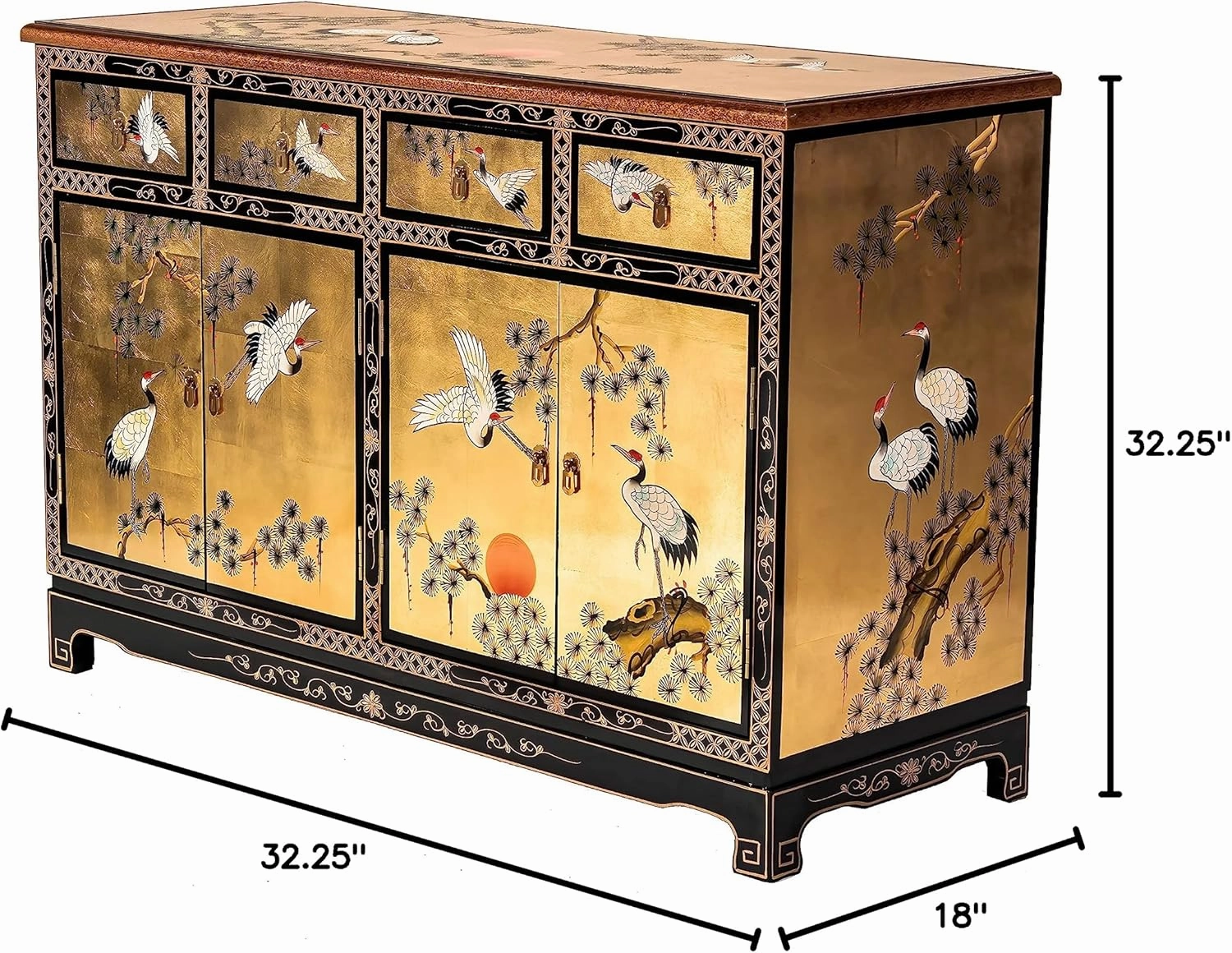 Red Lantern Artisan Crafted Gold Lacquer Sideboard - Cranes