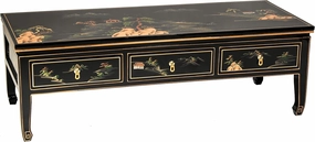 Red Lantern Artisan Crafted Lacquer Coffee Table - Black with Hand Painted Landscape, Three Drawers