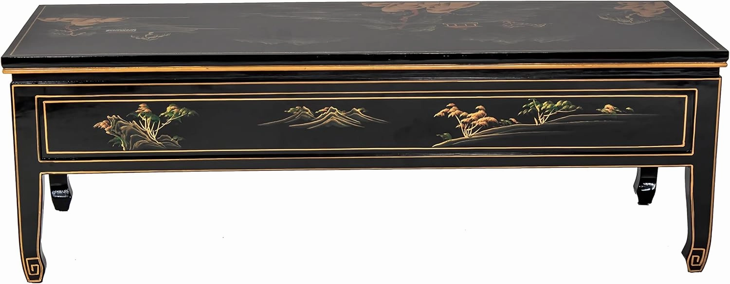Red Lantern Artisan Crafted Lacquer Coffee Table - Black with Hand Painted Landscape, Three Drawers