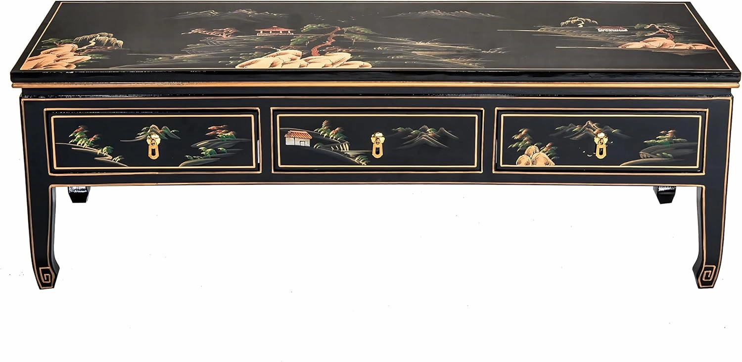 Red Lantern Artisan Crafted Lacquer Coffee Table - Black with Hand Painted Landscape, Three Drawers