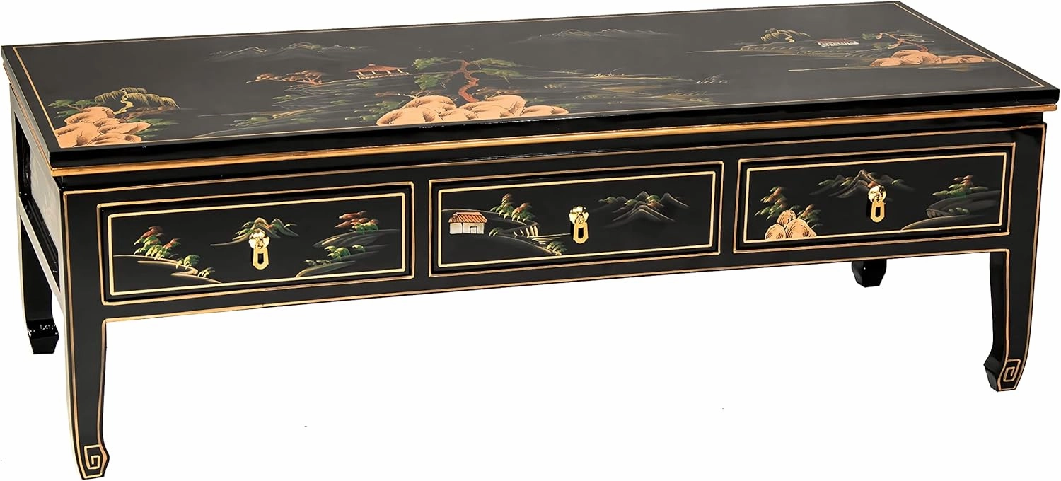 Red Lantern Artisan Crafted Lacquer Coffee Table - Black with Hand Painted Landscape, Three Drawers