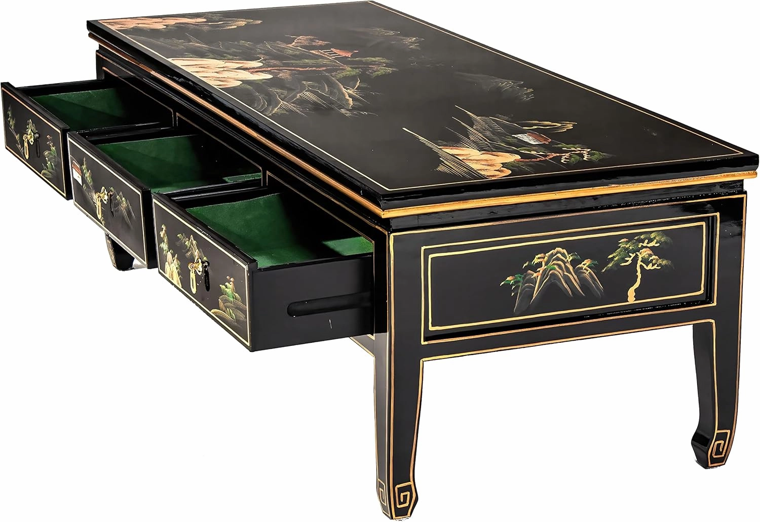 Red Lantern Artisan Crafted Lacquer Coffee Table - Black with Hand Painted Landscape, Three Drawers