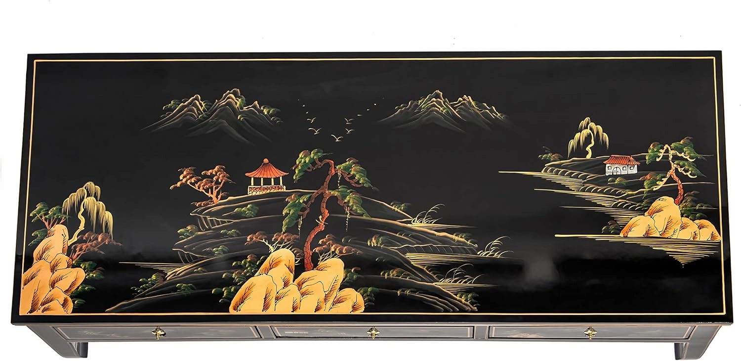 Red Lantern Artisan Crafted Lacquer Coffee Table - Black with Hand Painted Landscape, Three Drawers