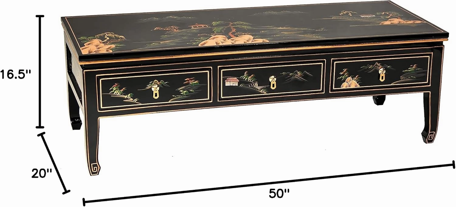 Red Lantern Artisan Crafted Lacquer Coffee Table - Black with Hand Painted Landscape, Three Drawers