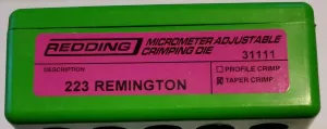 Redding Reloading 223 Remington Micro-Adjustable Taper Steel Crimp Die with Knurled Micrometer Barrel Type for Easy Access & Precise Adjustments (31111)