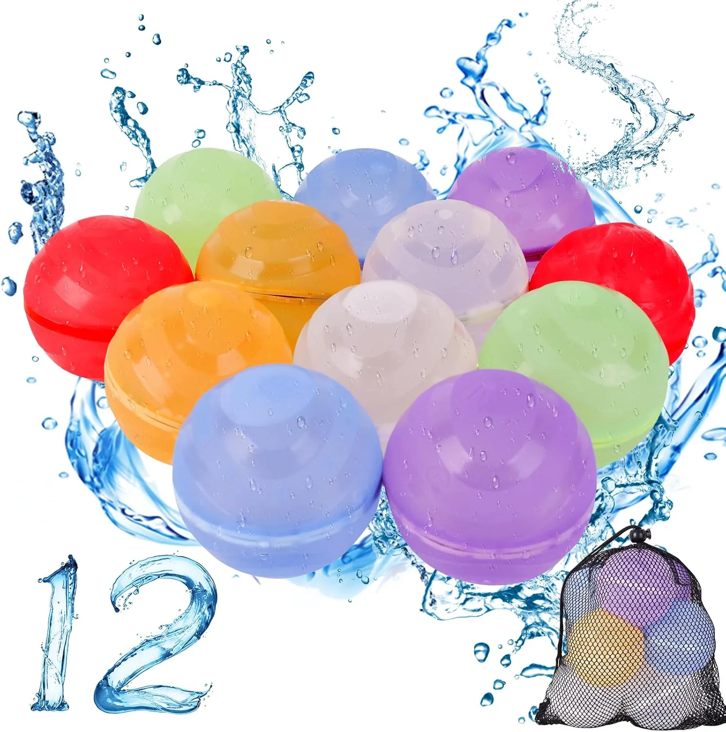 Reusable Water Balloons For Kids Adults, Quick Fill Magnetic Silicone Water Balloons with Mesh Bag, Anti Slip Shell Design, Refillable Water Balloons for Summer Outdoor Toys
