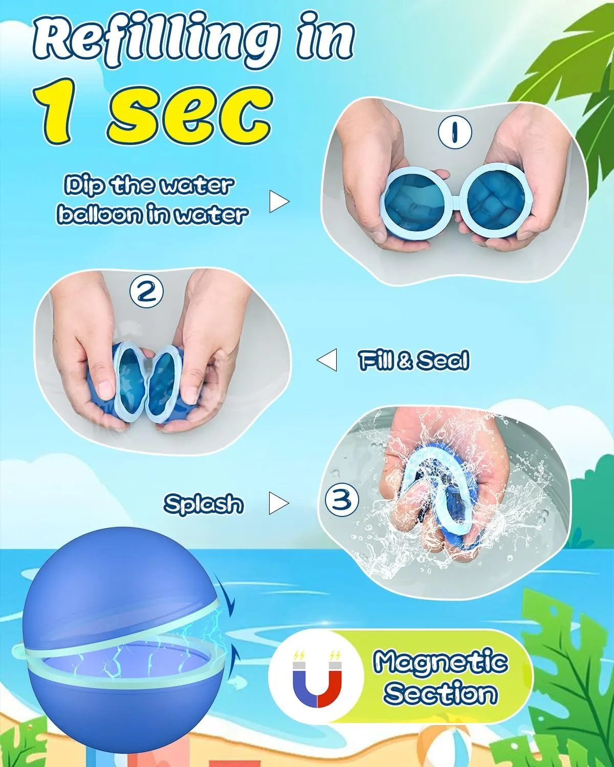 Reusable Water Balloons, Magnetic Self Sealing Quick Fill Water Balloons with Mesh Bag, Silicone Water Bomb For Kids, Summer Toys Swimming Pool Party Supplies Bath Toy Outdoor (20 Pack)