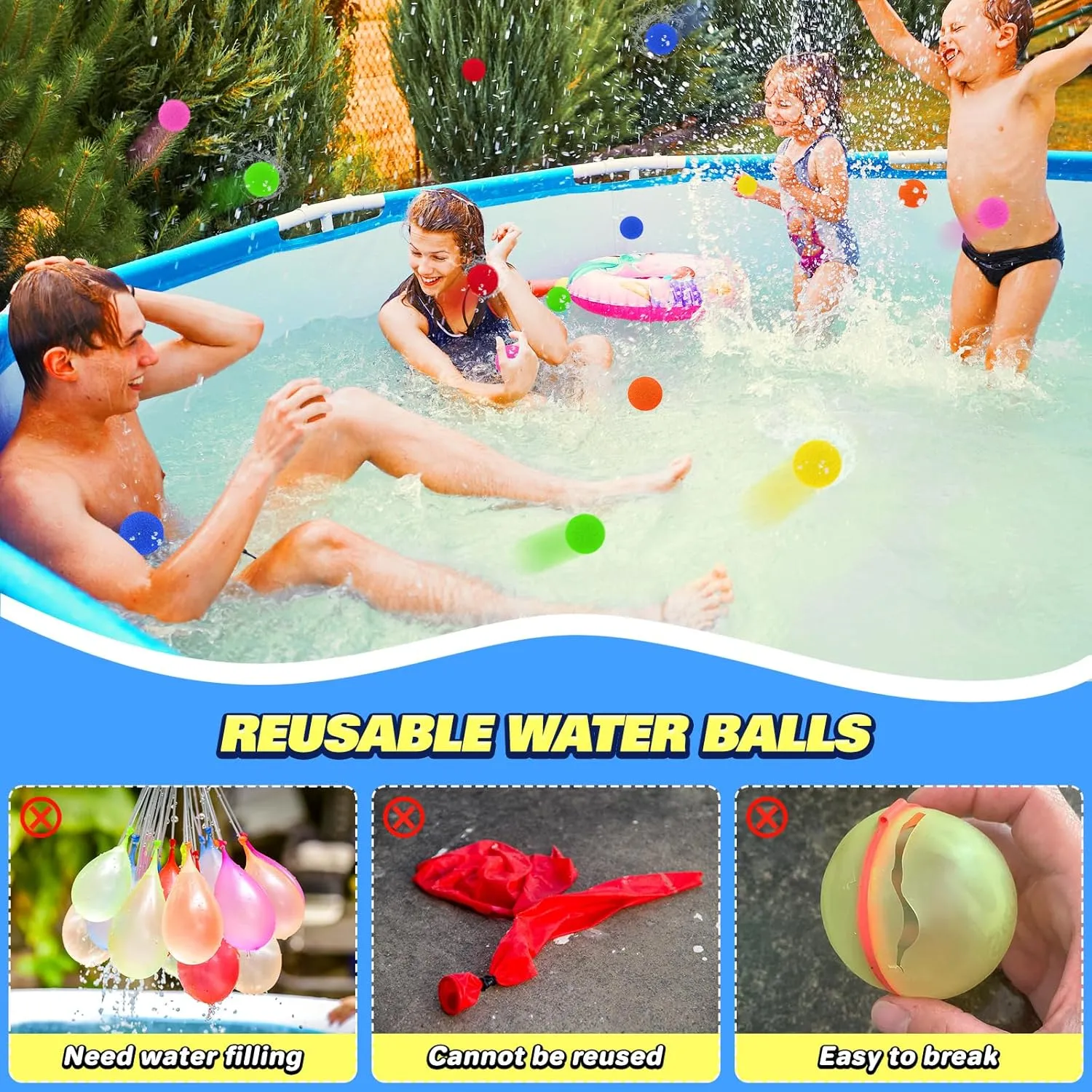 Reusable Water Balls, 80Pcs Reusable Water Balloons for Kids, Water Toys for Backyard Beach Pool Games, Water Balls for Pool Summer Fun, Water Bombs Splash Balls for Outdoor Water Games