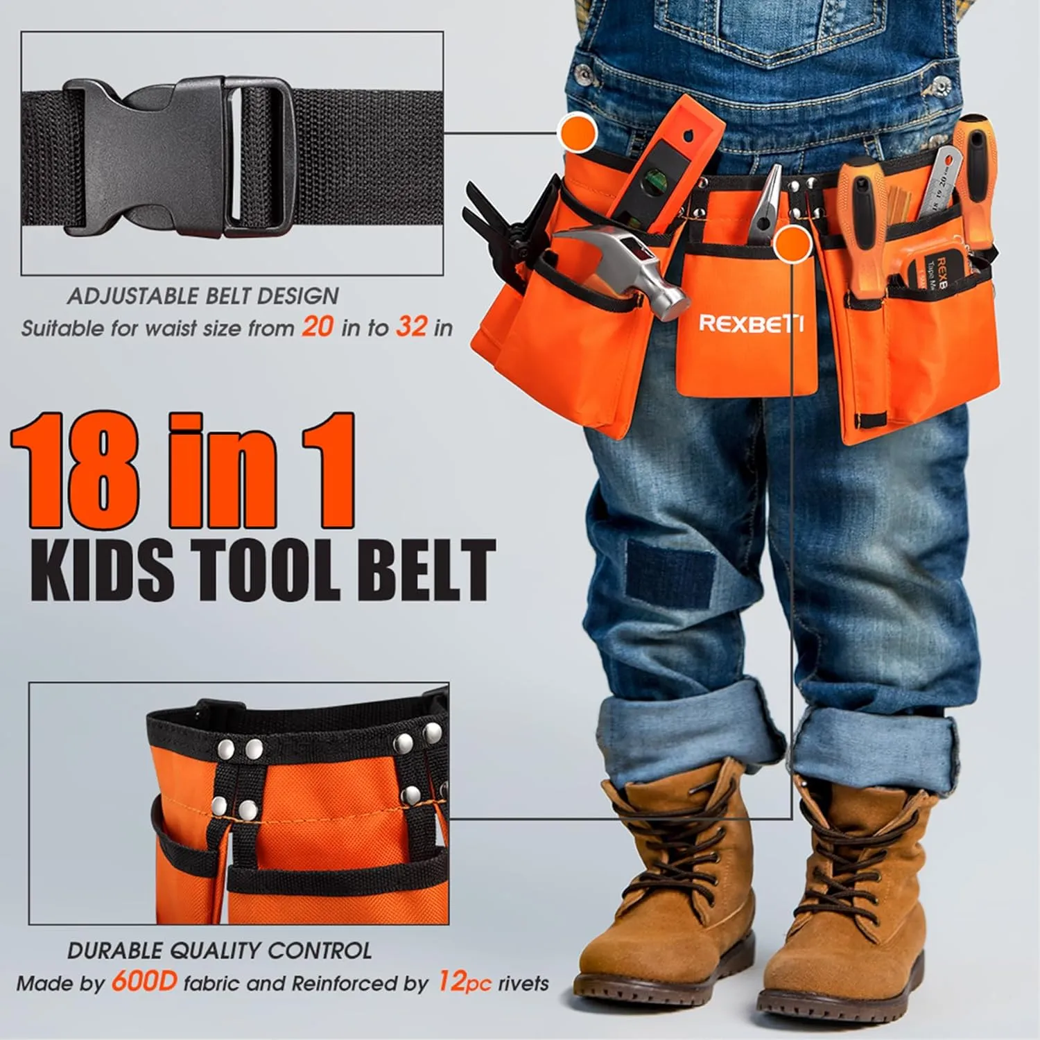 REXBETI Young Builder's Tool Set with Real Hand Tools, Reinforced Kids Tool Belt, Waist 20"-32", Kids Learning Tool Kit for Home DIY and Woodworking