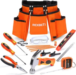 REXBETI Young Builder's Tool Set with Real Hand Tools, Reinforced Kids Tool Belt, Waist 20"-32", Kids Learning Tool Kit for Home DIY and Woodworking