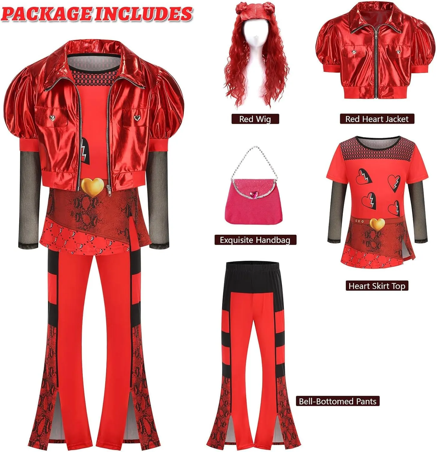 Rise of Red Costume for Kids, Girls 5PCS Red Costume Set, Red Costume Includes Jacket bell-bottom pants Shirt Wig
