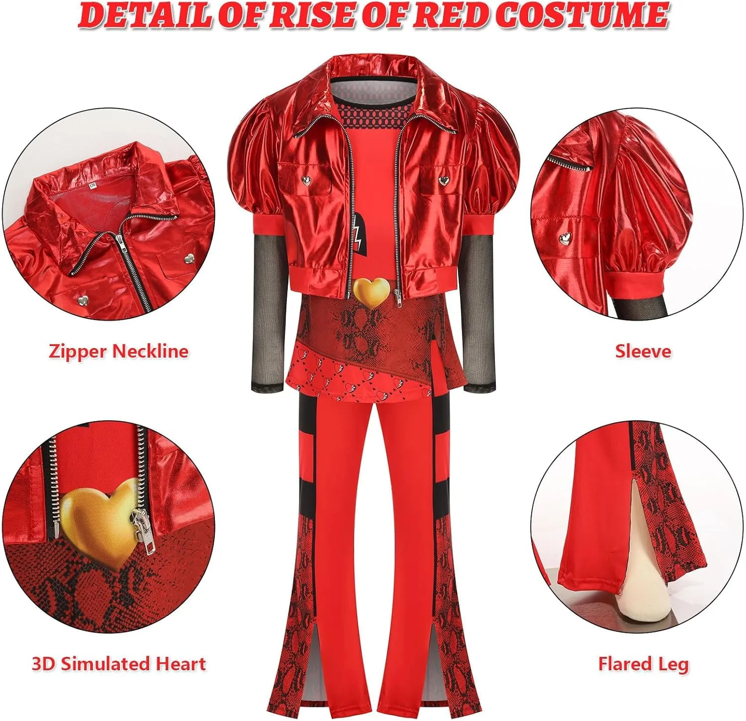 Rise of Red Costume for Kids, Girls 5PCS Red Costume Set, Red Costume Includes Jacket bell-bottom pants Shirt Wig