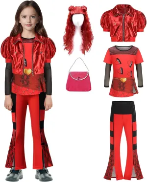 Rise of Red Costume for Kids, Girls 5PCS Red Costume Set, Red Costume Includes Jacket bell-bottom pants Shirt Wig