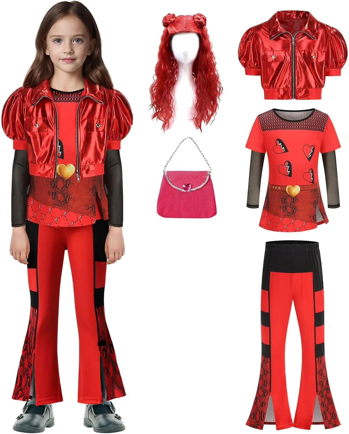 Rise of Red Costume for Kids, Girls 5PCS Red Costume Set, Red Costume Includes Jacket bell-bottom pants Shirt Wig
