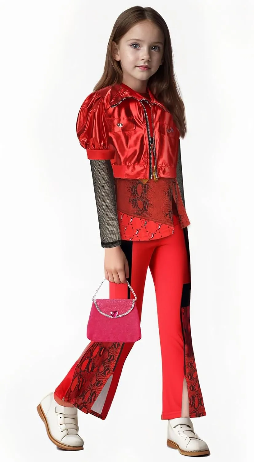 Rise of Red Costume for Kids, Girls 5PCS Red Costume Set, Red Costume Includes Jacket bell-bottom pants Shirt Wig