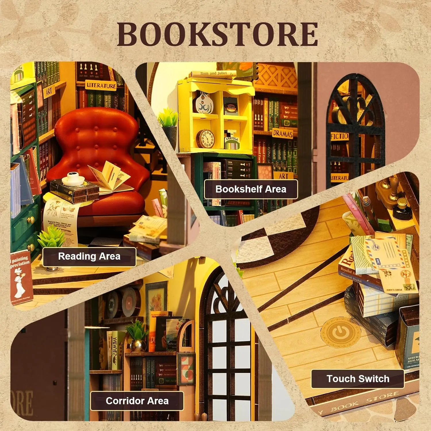 ROBOTIME DIY Book Nook Kit 3D Wooden Puzzles Dollhouse Booknook Library Tiny House Bookshelf Decor Miniature House Kit for Adults, Teens and Beginners Gifts for Family, Friends