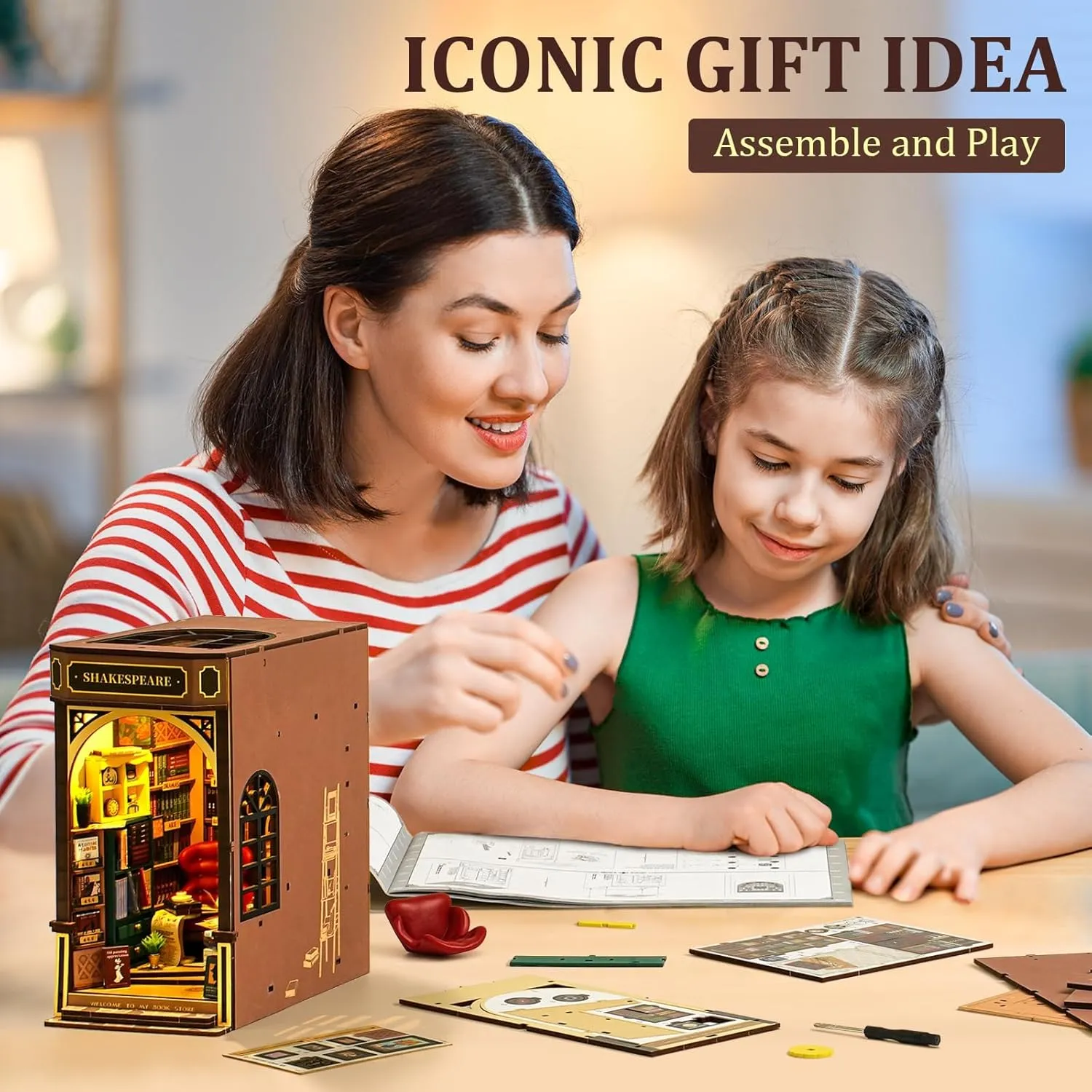 ROBOTIME DIY Book Nook Kit 3D Wooden Puzzles Dollhouse Booknook Library Tiny House Bookshelf Decor Miniature House Kit for Adults, Teens and Beginners Gifts for Family, Friends