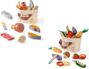 ROBUD Wooden Play Food for Kids Kitchen Cutting Set (Meat Set & Vegetable Set)